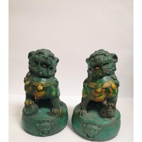 High: 7 CM!!! Art Collection 1 Pair Chinese Old Green Stone Carving Fu Foo Dog Statue,Home decoration Lion Sculpture