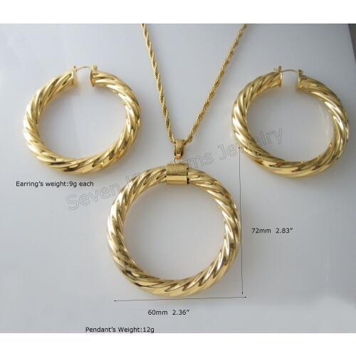 YELLOW GOLD GP OVERLAY 24" NECKLACE AND BIG HOOP PLAIN BAND DIAMETER 60 MM 2.36" PENDANT EARRING SET