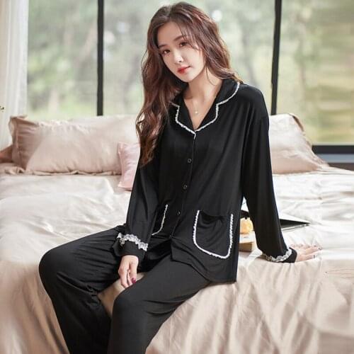 Women Black Turndown Collar Nightwear Suit Spring Summer Long Sleeve Lace Pajamas Casual Homewear Plus Size Modal Pijamas Mujer