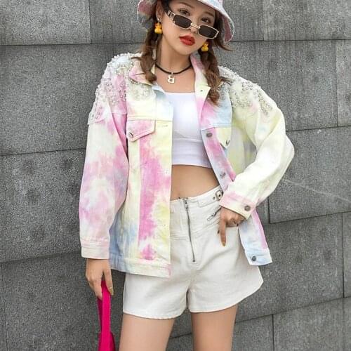 Luxury Pearls Beading Gradient Color Demin Jacket For Women Coats Diamond Mesh Patchwork Casual Streetwear Jeans Jackets