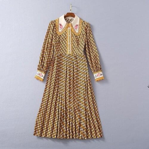 European and American womens clothes will be new styles in spring 2021 Long sleeve printed lapel fashion checked pleated dress