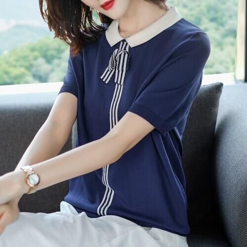 Summer Ice Silk Knitted T-shirt Women Fashion Short Sleeve Peter Pan Collar Tops Korean Loose Thin Striped Casual T-shirts H9271