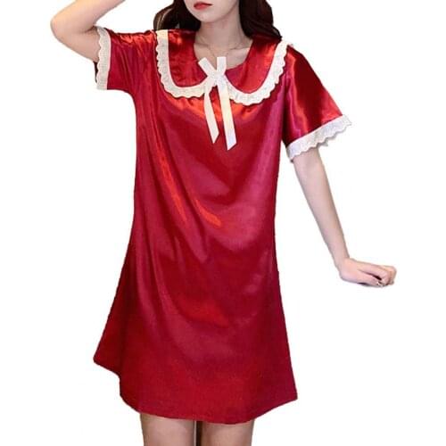 Women Sleepshirts Sundress Turn-down Collar Solid Color Polyester Short Sleeve Nightdress Nightgowns Summer 2021
