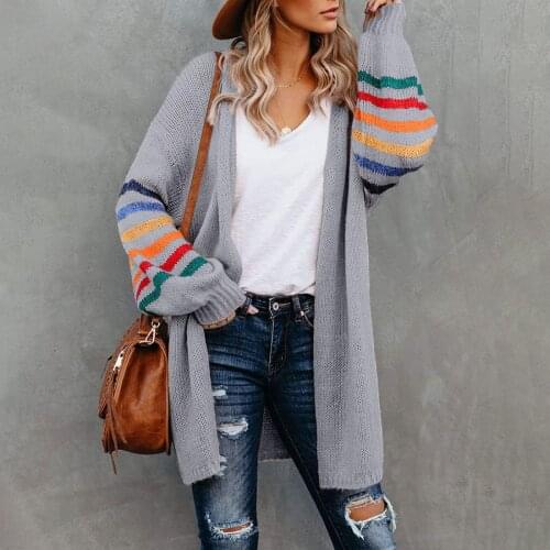 Women Long Open Front Cardigans Striped Color Loose Knit Sweater Outwear Coat Lantern Sleeve Knitted Sweater Plus Size