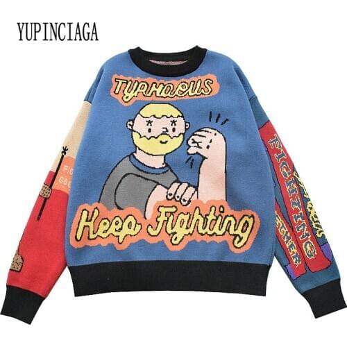 YUPINCIAGA Round neck Thick Warm Sweater Women Funny Cartoon Jacquard Letter Female pullover knitted sweater Drop Shouder Tops