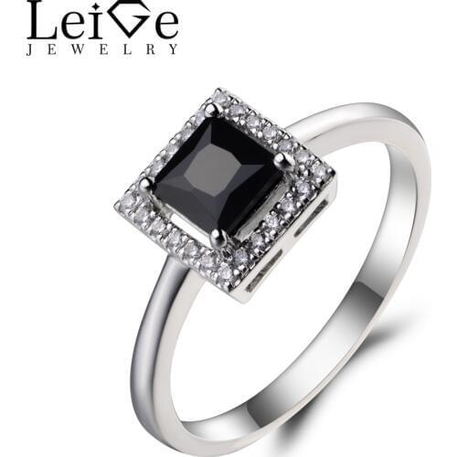 Leige Jewelry Anniversary Ring Natural Black Spinel Ring Princess Cut Gems Black Gemstone 925 Sterling Silver Ring Gifts for Her