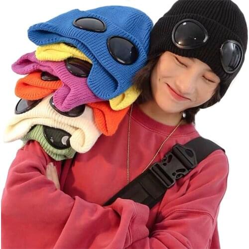 2021 Winter Knitted Hat Warm Beanies Skullies Ski Cap with Removable Glasses for Women Men Outdoor Sports Cap