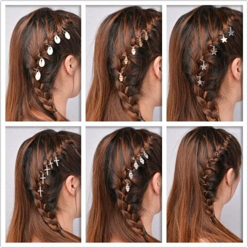 5PCS Cute Twist Braid Hair Ornament Leaf Shell Stars Circle Hoop Personality Braid DIY Pendant Hair Accessories for Women Girls