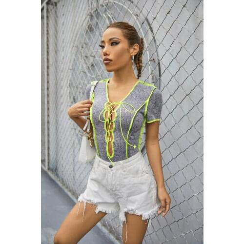 Bandage Bodysuit Women 2021 Summer Chic Color Patchwork Sexy Hollow Out V Neck Short Sleeve Bodycon Jumpsuit Combinaisons S125