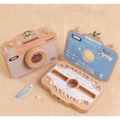 Children Camera Shape Tooth Box Teeth Storage Box Wooden Organizer Case for Baby Save Milk Teeth Great Gifts for Kids