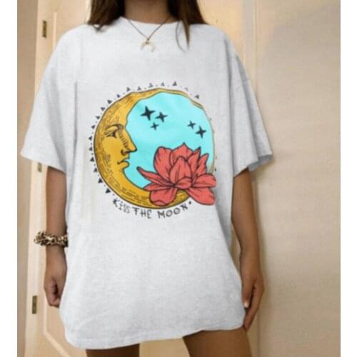 Harajuku White Graphic Oversized T Shirts Women 2021 Moon Star Flower Print Tee Shirt Femme Tops Loose Short Sleeve T-shirts