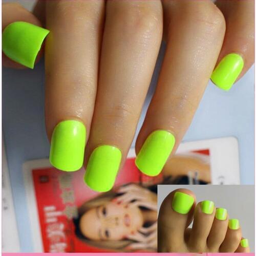 Fake Toenails and False Fingernail Fluorescent yellow Pre-colored Smooth Surface Artificial Acrylic Fingernails Pure Color 24Ct