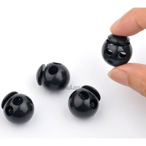 K-072 80 pcs / lot black 5mm 2 holes plastic round ball cord lock end toggles spring clip stoppers for bungee shock cord