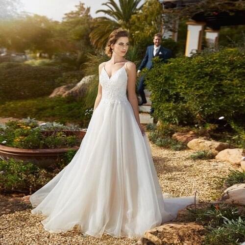 Classical Wedding Dress 2021 Spaghetti Straps V Neck Lace Bodice A Line Boho Beach Wedding Dresses Vestido De Noiva