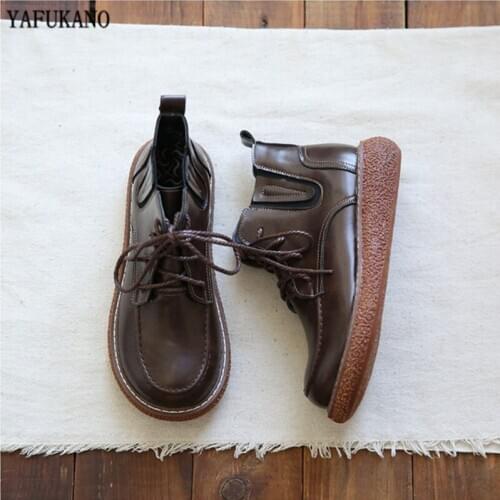 Mori Literary Retro Ankle Boots Shiny PU Lace-Up Thick-Sole Martin Boots Handmade Comfort Casual Short Boots Big Head Doll Shoes