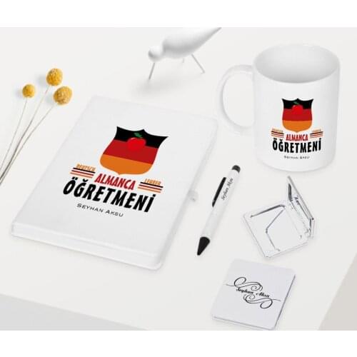 Personalized German Teacher Themed White Notebook Pen Cup Mirror Set-1