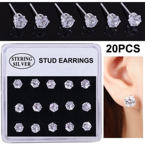 20PCS 925 Sterling Silver Round Crystal Stud Earrings With Tag of Sterling Silver Stud Earrings 4mm 6mm