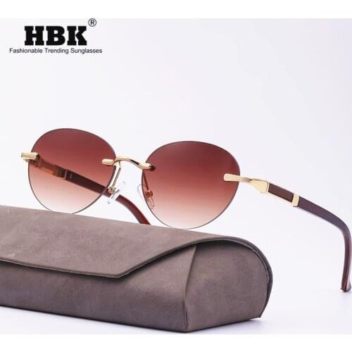 HBK Men Retro Sunglasses Rimless Women Vintage Punk Wood Sun Glasses Alloy Frame Classic Brand Designer Shades Blue Brown Oculos