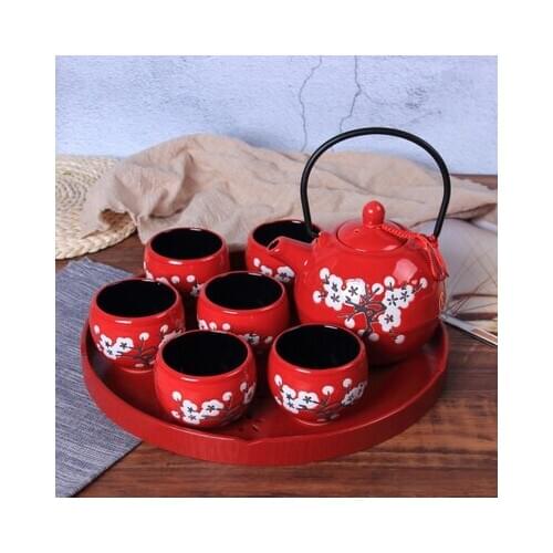 Chinese traditional red ceramic tea set suit creative wedding supplies tea cup pot tray newlywed gift teaware teapot teacup