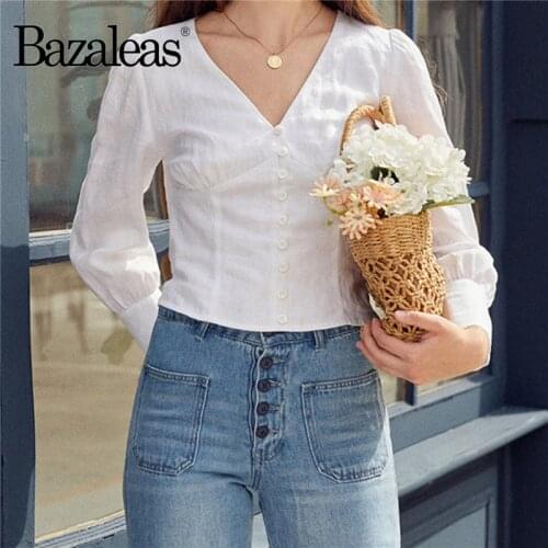 Bazaleas Vintage Long Sleeve Blouse Chic mujer Fashion Deep V Neck blouse women harajuku shirt
