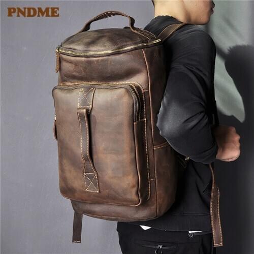 Vintage natural genuine leather large capacity mens travel backpack designer high quality crazy horse cowhide daily big bagpack