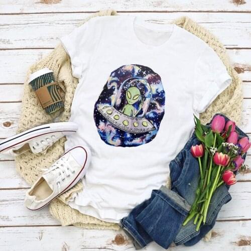Women Graphic Cartoon Alien UFO Peace Print Cute Summer T-Shirt Shirt Tops Lady Clothes Womens Clothing Tee Female T Shirt