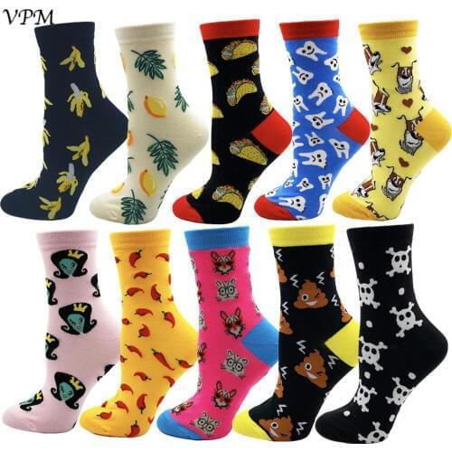 VPM New Cotton Women Crew Socks Cartoon Miss Universe Alien Cat Skull Elephant Chili Tooth Food Dog Pattern Funny Sock for Girl