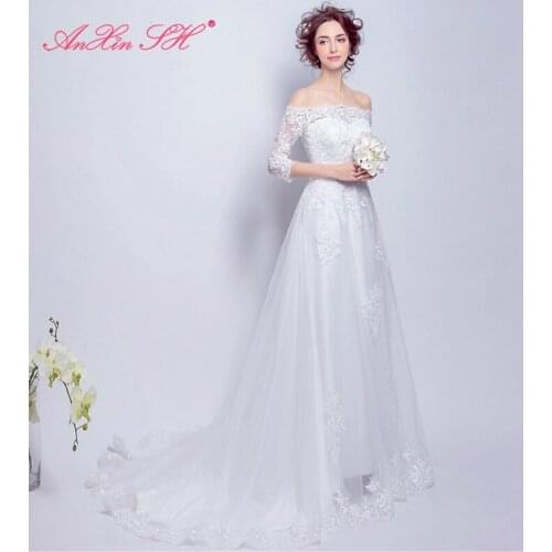 AXJFU lace the word princess lace wedding dress sweet bride Slim small tail white wedding dress new winter 2121