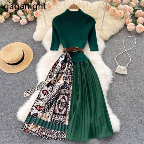 Gaganight Patchwork Fashion Elegant Women Maxi Knitted Dress Midi Sleeves Fashion Solid Bodycon Party Dresses Korean Vestidos