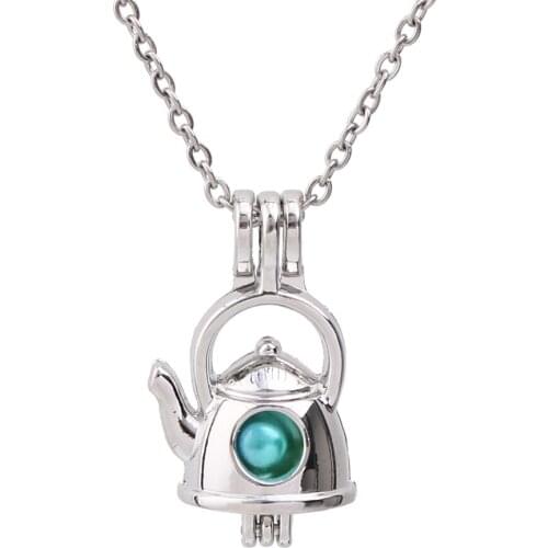 1pc Silver Plated Water Jug Kettle Pearl Cage Pendant Necklace Oyster Pearl Jewelry Essential Oil Diffuser Lockets Gift