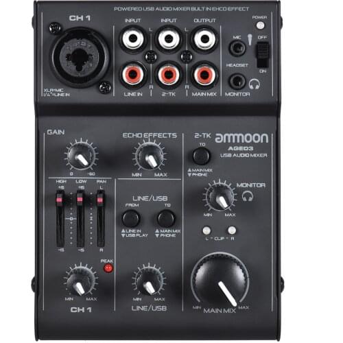 Ammoon AGE03 5-Channel Mini Mic-Line Mixing Console Mixer &USB Audio Interface Built-in Echo Effect USB Powered for Recording DJ