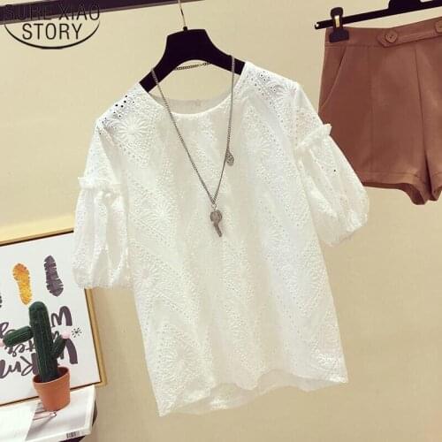 White Lace Blouse Women Tops 2021 New Summer Blouse Hook Flower Short Sleeve Korean Fashion Round Collar Loose Blusas 13439