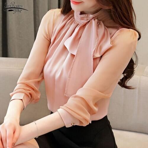 Blusas Mujer De Moda 2021 Summer Fashion Tunic Women Blouse Long Sleeve Tops Tie Bow Chiffon Shirt Formal Women Shirts 0599