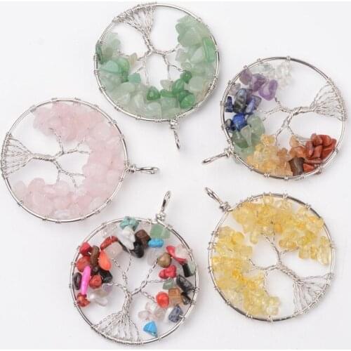 10 pc 63x51x8mm Tree of Life Mixed Stone Big Pendants for necklace jewelry making Decorate with Brass Findings Hole: 4mm F80