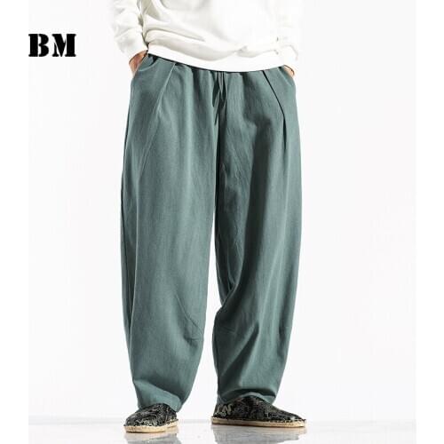 2021 Spring Autumn Chinese Style Loose Casual Plus Size Wide Leg Pants Harajuku Cotton Linen Harajuku Trousers Men Clothing