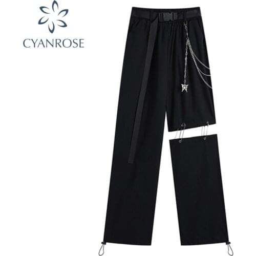 Women Casual Straight Pants Patchwork With Chain Wide Leg Trousers Female 2021 Autumn Street Fashion Harajuku Punk Gothic Pants