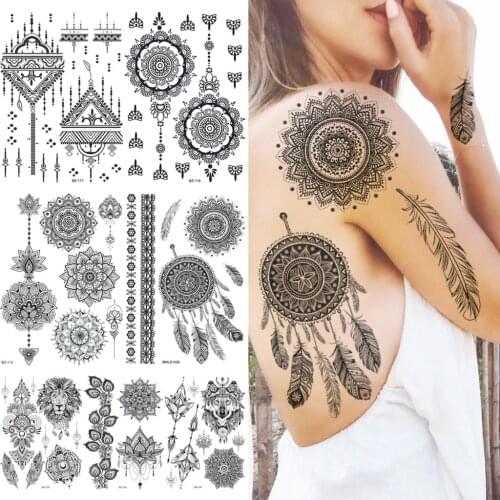 Black Mandala Dreamcatcher Henna Feather Temporary Tattoos For Women Girls Lion Wolf Lace Fake Tattoo Sticker Sexy Tatoos Tribal