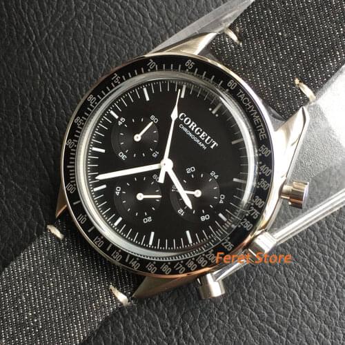 Corgeut New 40MM Black Dial Bezel Ring Top Luxury Mens Watches 24-Hour Multi-Function Stainless Steel Chronograph Quartz Watch