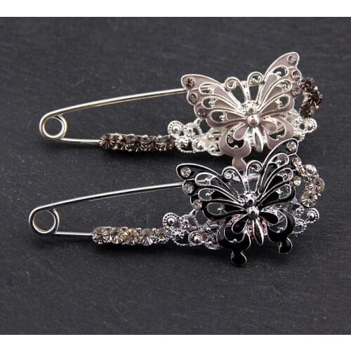 Women Delicate Shiny White/Black Crystal Rhinestone Silver Plated Hollow out Metal Enamel Butterfly Brooches Lapel Pins Jewelry