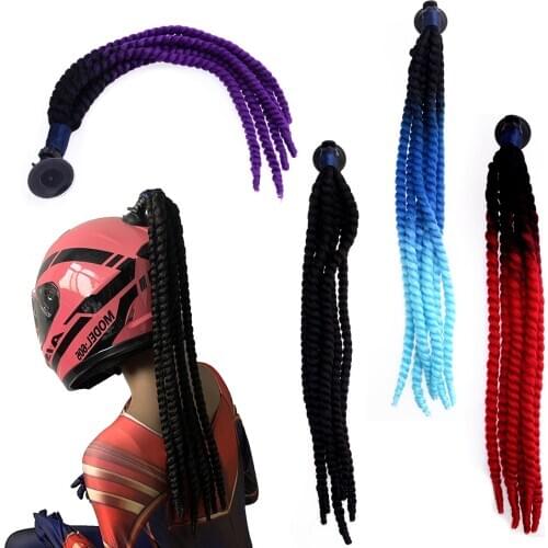 Gradient Ramp Helmet Sucker Removable Braids Ponytail Pigtails Hair Dreadlocks for Motorcycle Bike Universal 60cm