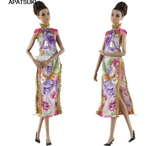Chinese Qipao Cheongsam Floral Dress For Barbie Doll Clothes Gown Evening Dresses For Barbie Dolls Outfits 1/6 Dolls Accessories