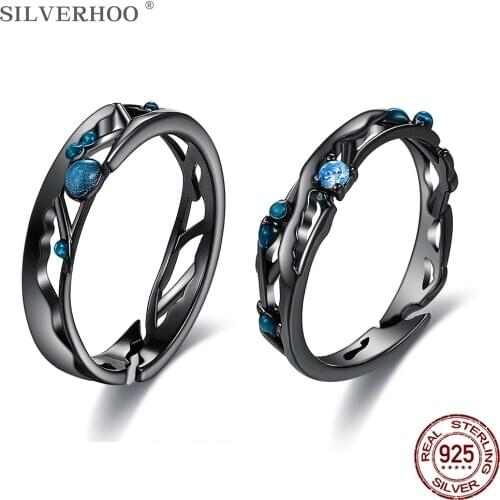 SILVERHOO Black Couple Rings Blue Bright Cubic Zirconia Rings Sterling Silver 925 Jewelry For Women Vintage Bohemian Retro Gift
