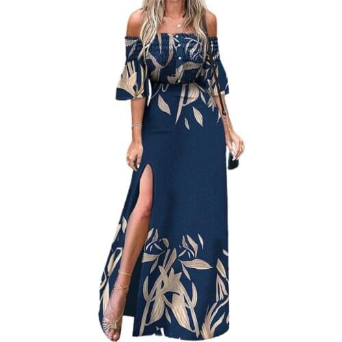 Summer Women Dress Off Shoulder Floral Print Maxi Dress Elegant High Split Ruched Buttons Women Dress Sundress Blue xl vestidos
