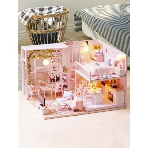 Handmade House Model DIY Pink Night Light Cottage Children Mini House Assembled Princess House Adult Making Birthday Gift Lamps
