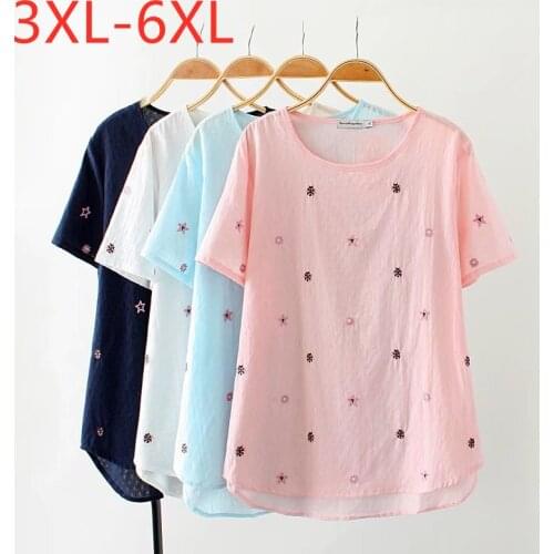 New 2021 Ladies Summer Plus Size Tops For Women Large Short Sleeve Loose Cotton Linen Pink Embroidery T-Shirt 3XL 4XL 5XL 6XL