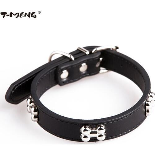 T-MENG Soft Pu Leather Dog Collar Necklace Stainless Steel Goods For Pet Product Bone Buckle Cat Studded Neck Strap Cat Chien