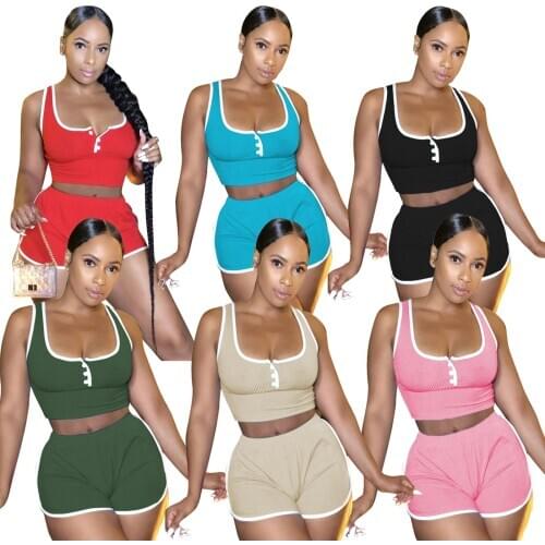 Casual Activewear Workout Womens Sport Suit Low Neck Sleeveless Tank Top and Biker Shorts Sweatsuit Loungewear 2 Piece Outfits