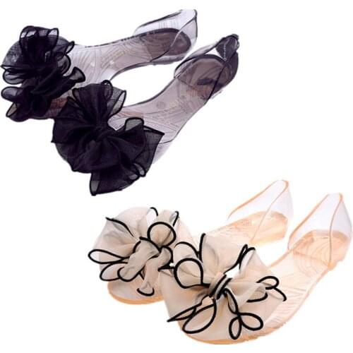 Sweet Bowknot Women Sandals Summer Jelly Shoes Flats Sandals Woman Crystal Transparent Flats Leisure Casual Beach Ladies Shoes