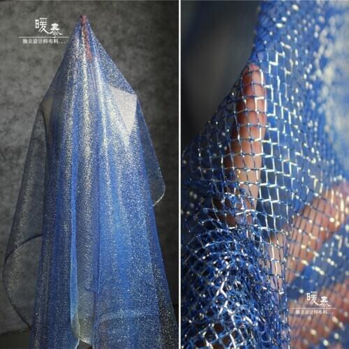 Grid Hollow Mesh Tulle Fabric Boyal Blue Golden DIY Patchwork Veil Decor Skirt Dress Fashion Styling Designer Fabric
