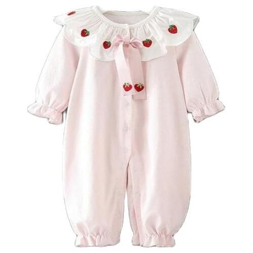 Korean Baby Newborn Little Child Cotton Ruffles Long Sleeve Cute Pink Strawberry Bowknot Rompers Kids Summer Cool Cotton Clothes
